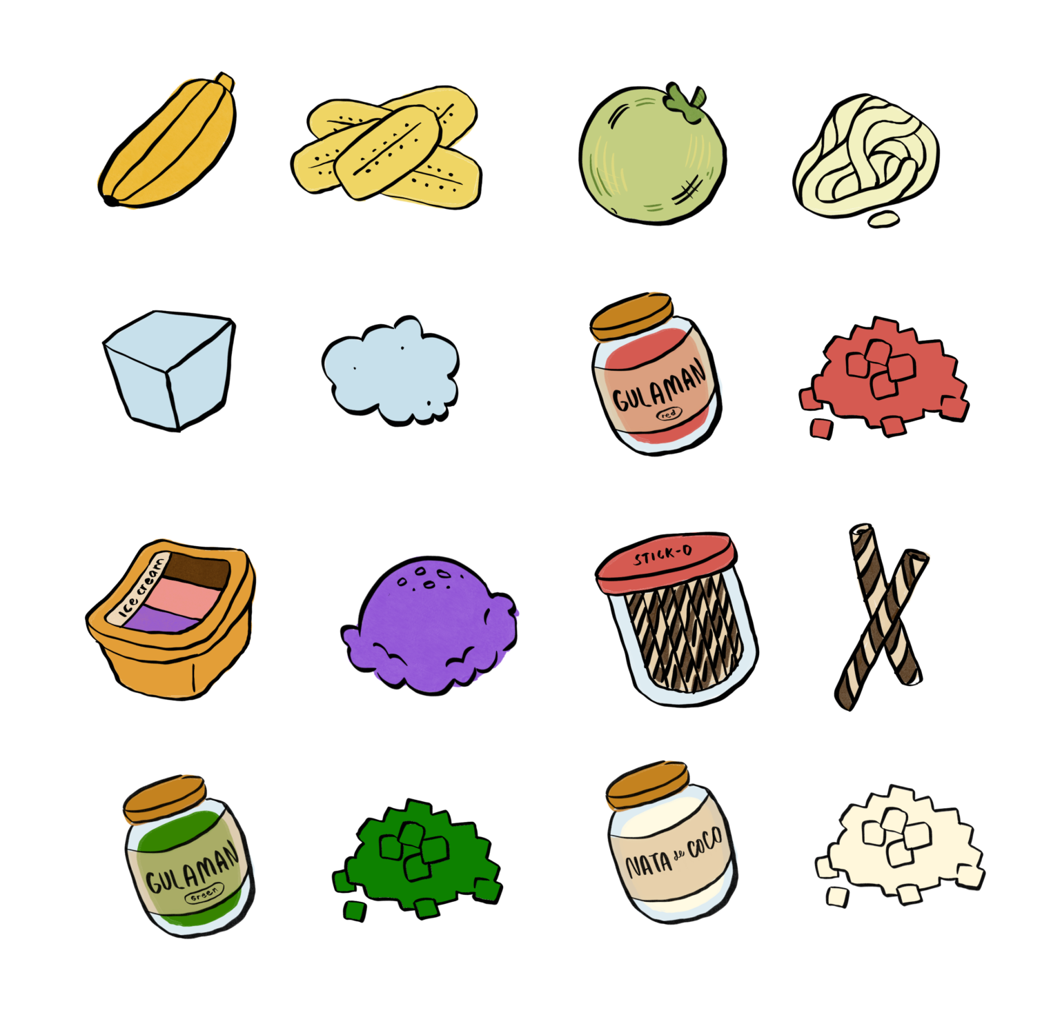 Haluhalo ingredients - banana, plantains, ice cream, gulaman, and more