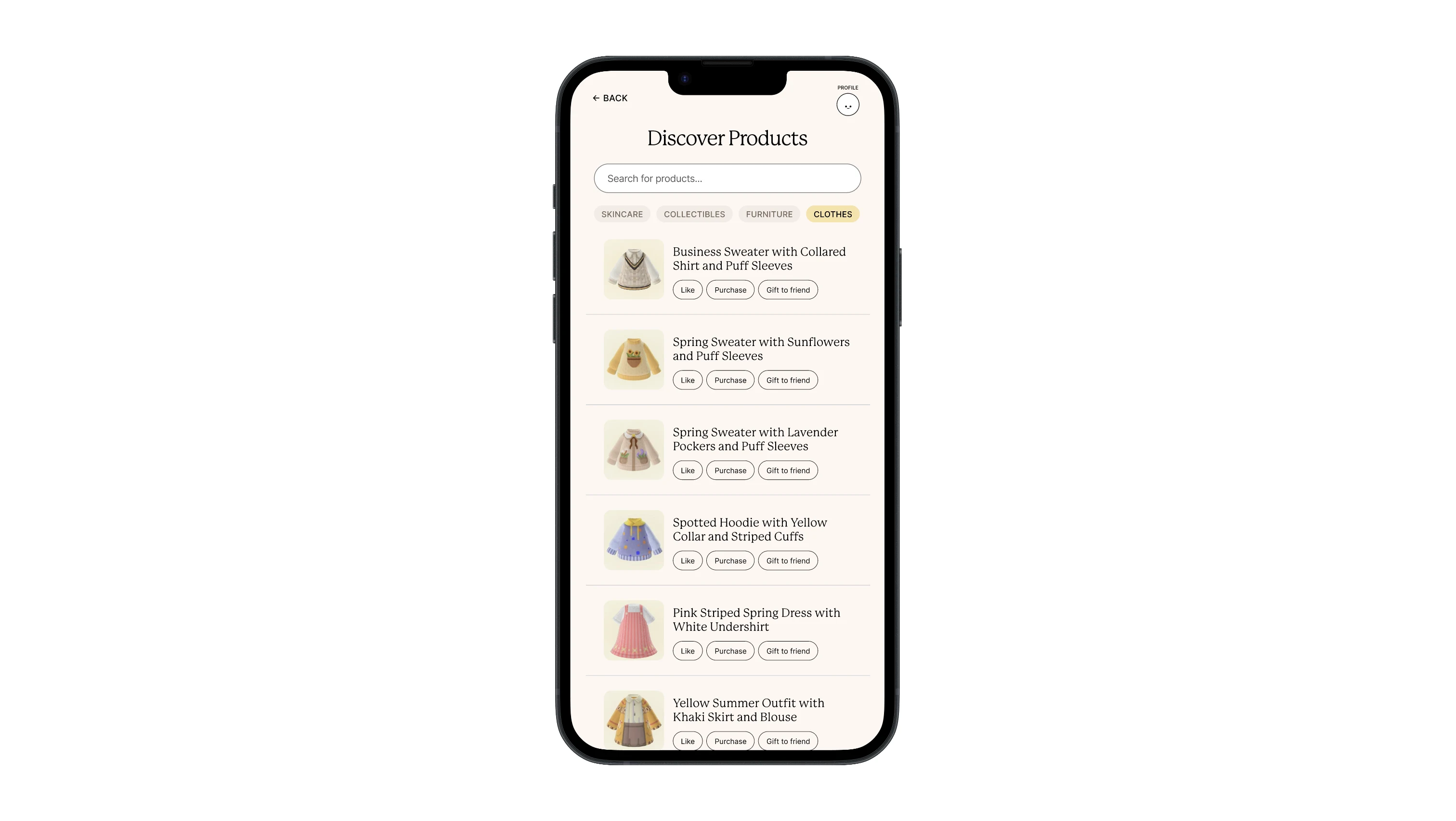 Discover Products screen with search and category filters for skincare, collectibles, furniture, and clothes