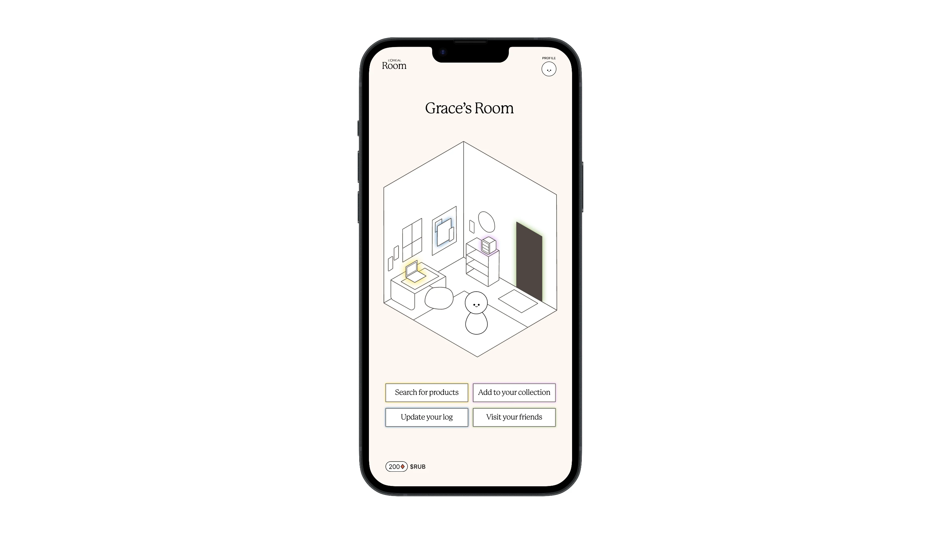 A member's room with an isometric view and quick actions to search products, add to collection, update log, or visit friends
