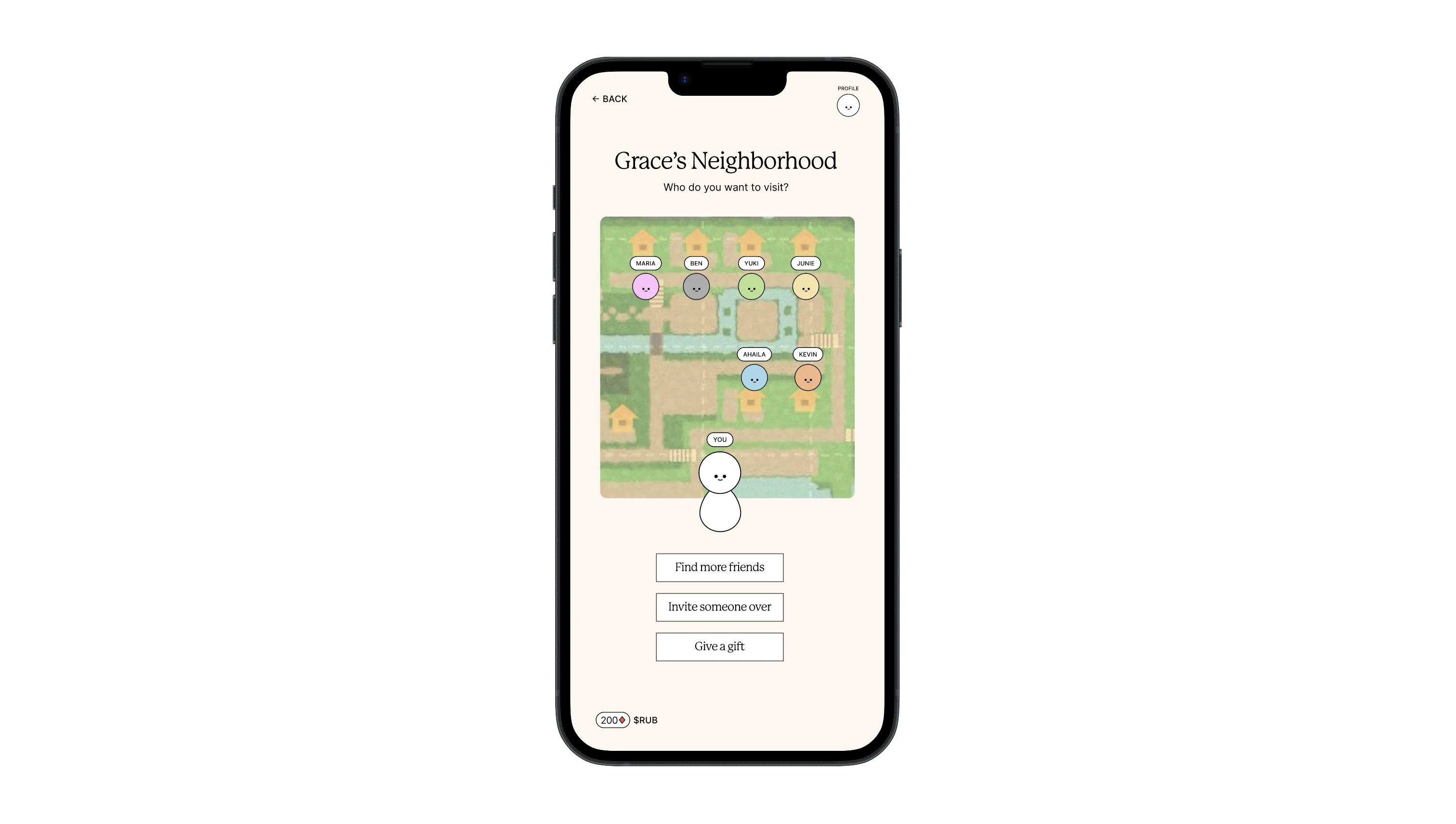 Neighborhood map showing friends' rooms and options to find friends, invite, or gift