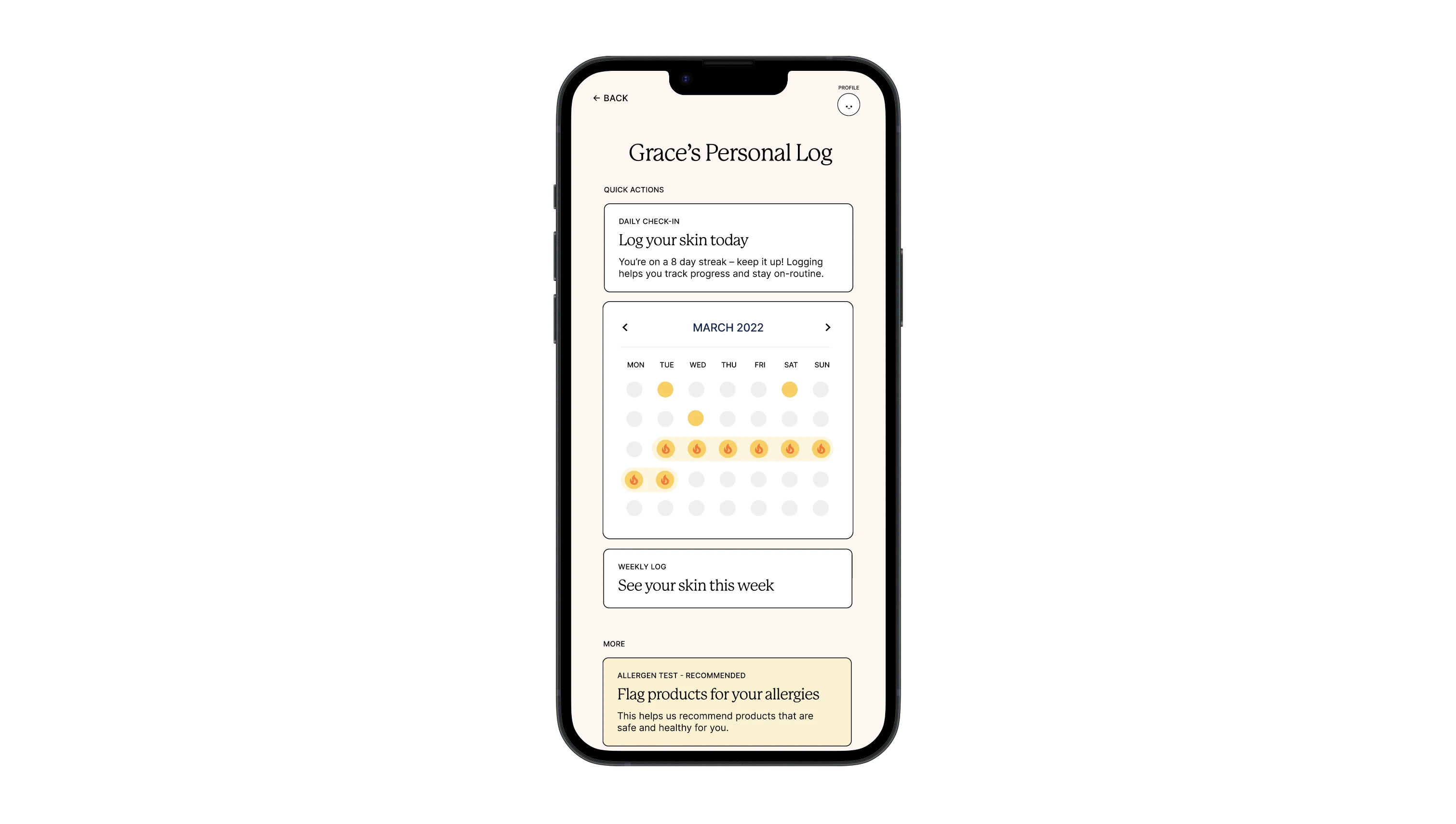 Personal log with a daily check-in, streak tracker, and monthly calendar